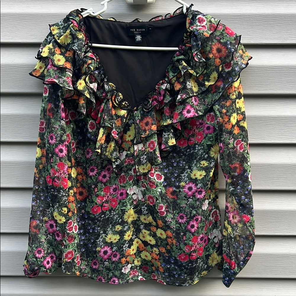 Ted Baker Black Floral Ruffle V-Neck Blouse - Picture 2 of 7